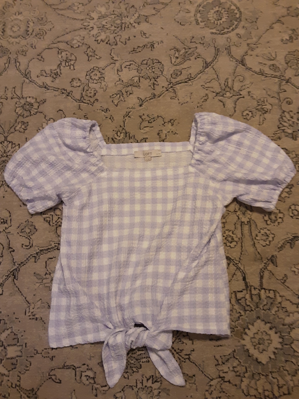 LOFT Lavender Gingham Tie-Front Puff Sleeve Top